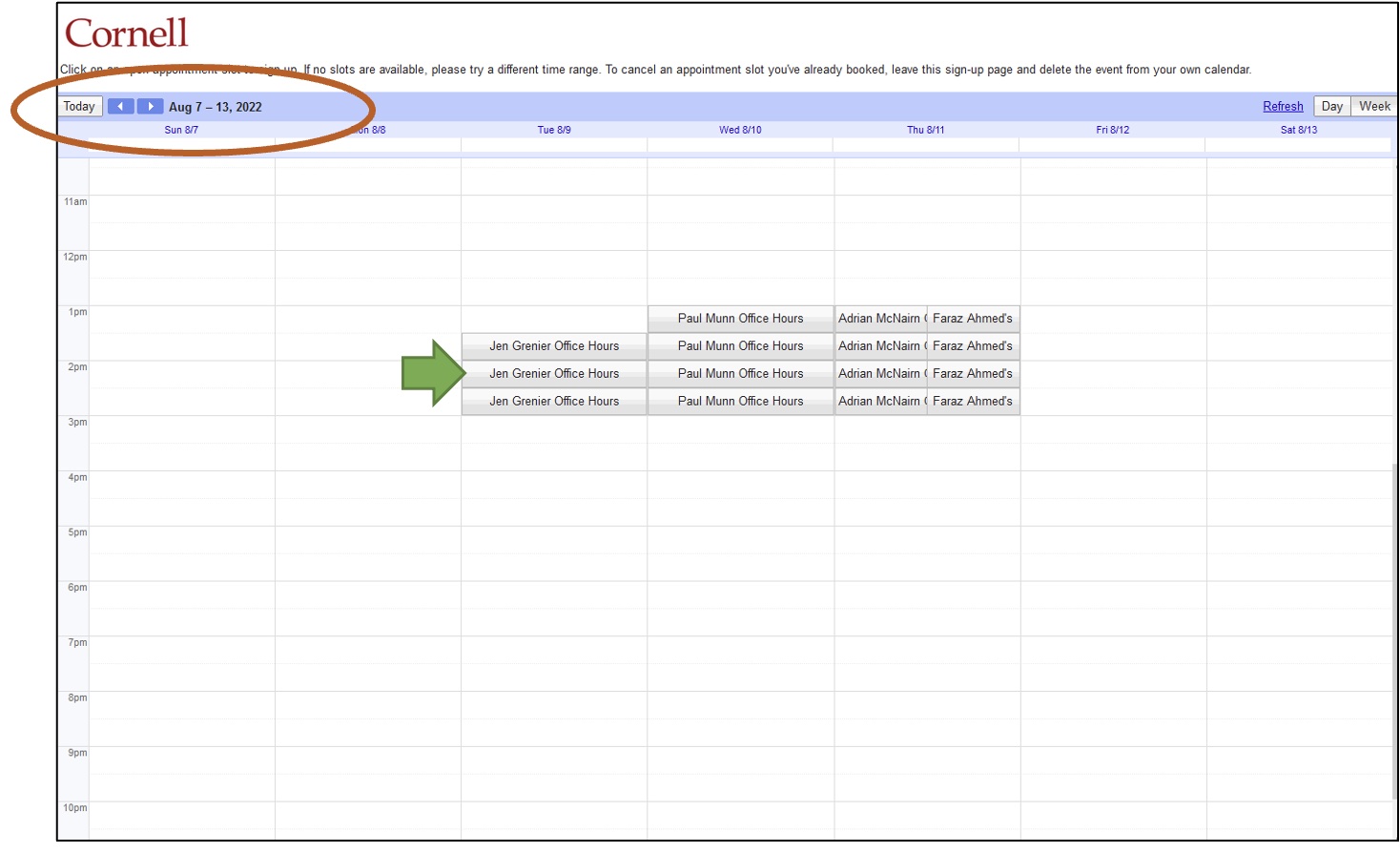 screenshot showing how to use office hour calendar