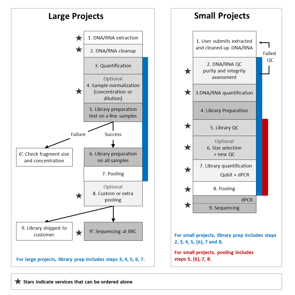 Graphical representation of small and large project library preparation pipelines