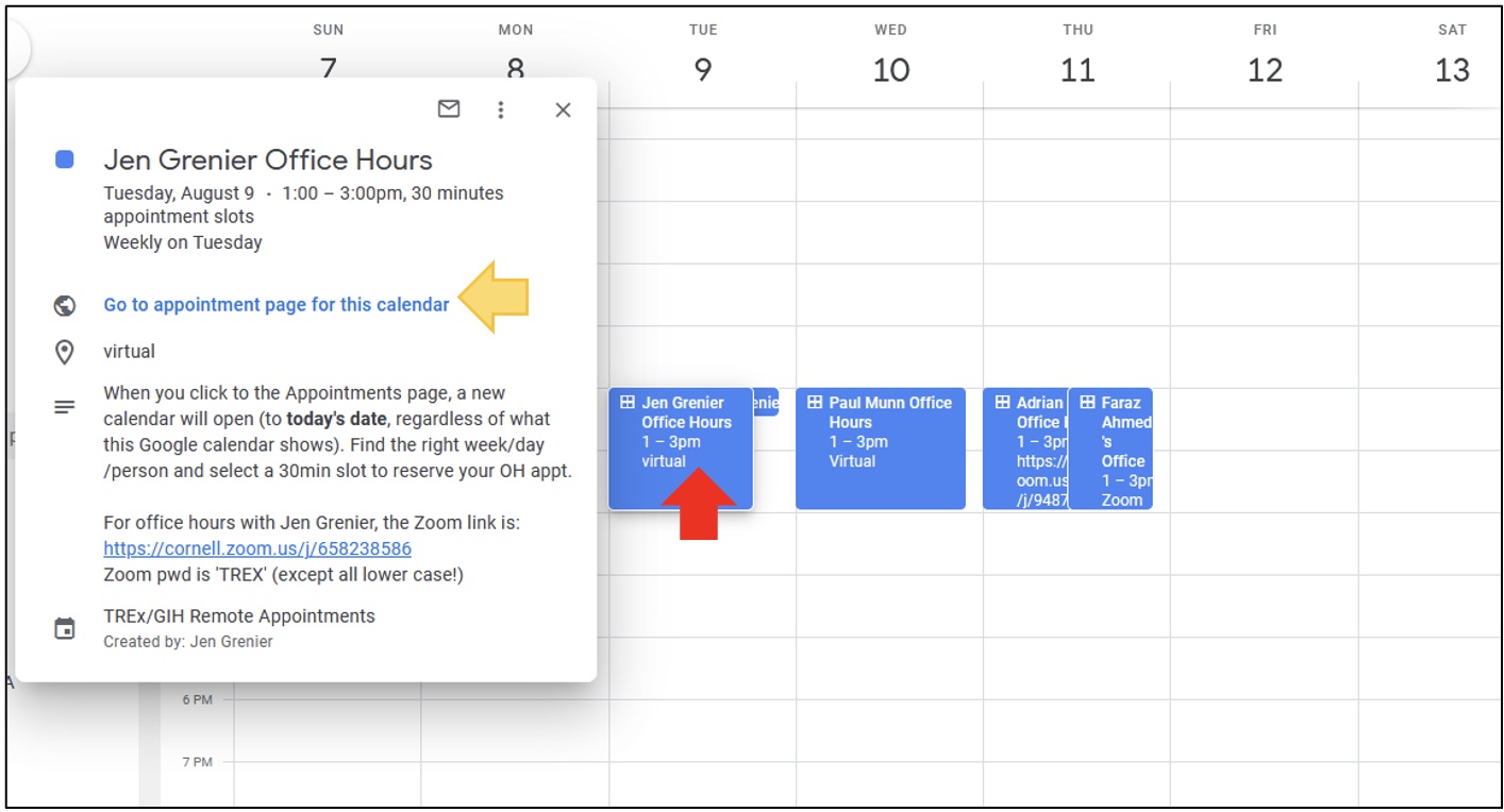 screenshot showing how to use office hour calendar