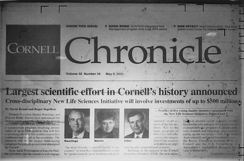 New life science initiative headline in Cornell Chronicle issue of May 9, 2002