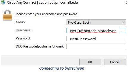 Screenshot of the Cisco Anyconnect Client logon screen on Windows
