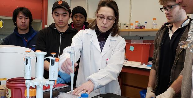 Students looking at a scientist performing an experiment in a lab.