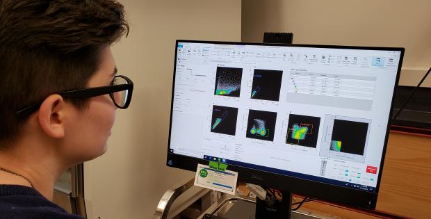 Scientist looking at flow cytometry data on a computer screen.